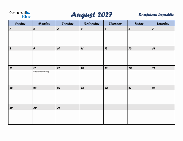August 2027 Calendar with Holidays in Dominican Republic