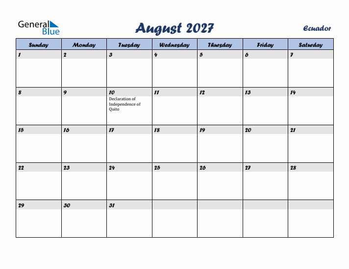 August 2027 Calendar with Holidays in Ecuador