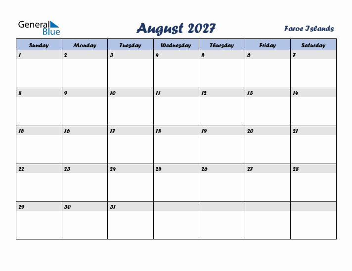 August 2027 Calendar with Holidays in Faroe Islands