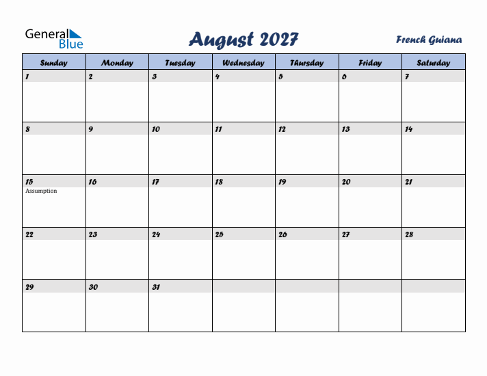 August 2027 Calendar with Holidays in French Guiana