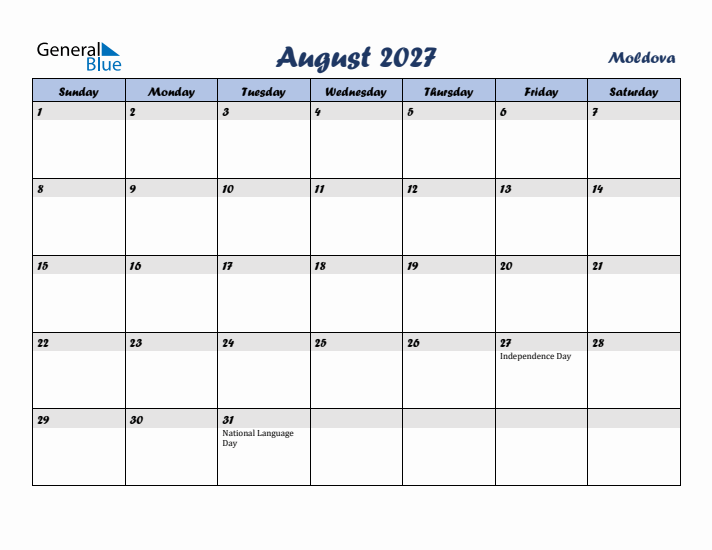 August 2027 Calendar with Holidays in Moldova