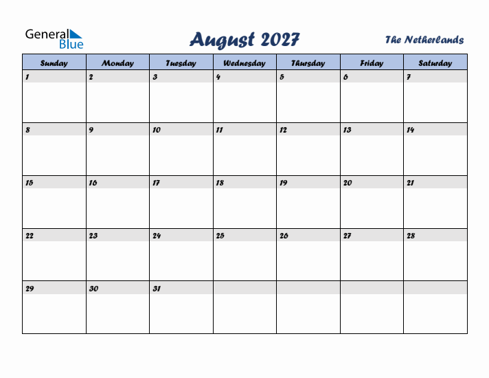 August 2027 Calendar with Holidays in The Netherlands