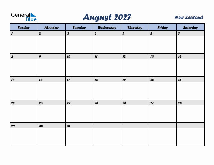 August 2027 Calendar with Holidays in New Zealand