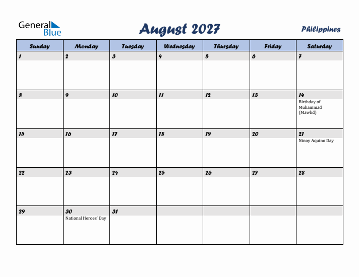 August 2027 Calendar with Holidays in Philippines