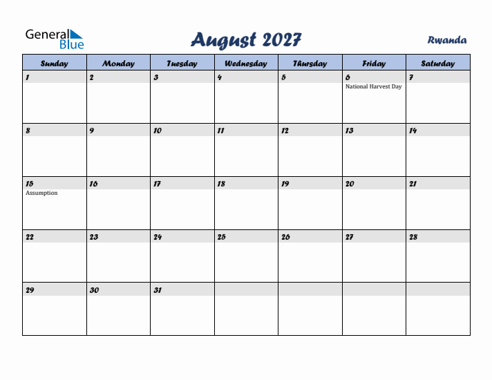 August 2027 Calendar with Holidays in Rwanda