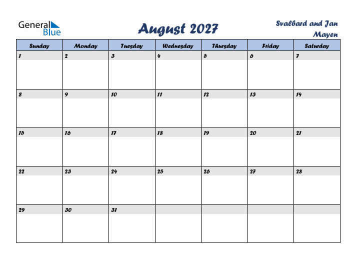 August 2027 Calendar with Holidays in Svalbard and Jan Mayen