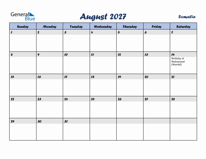 August 2027 Calendar with Holidays in Somalia
