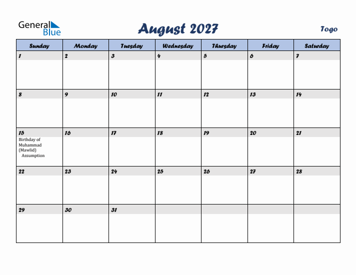 August 2027 Calendar with Holidays in Togo