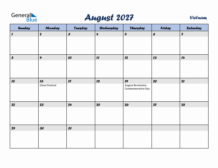 August 2027 Calendar with Holidays in Vietnam