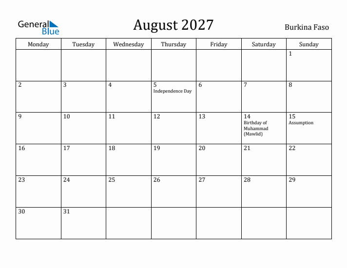 August 2027 Calendar Burkina Faso