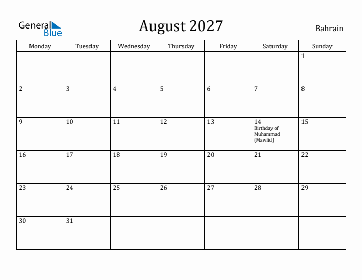 August 2027 Calendar Bahrain