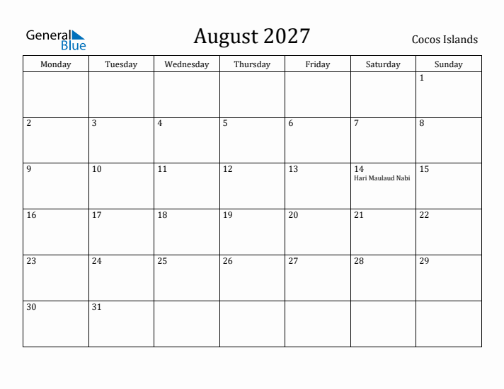 August 2027 Calendar Cocos Islands