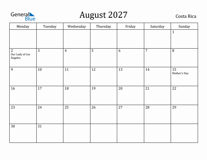 August 2027 Calendar Costa Rica