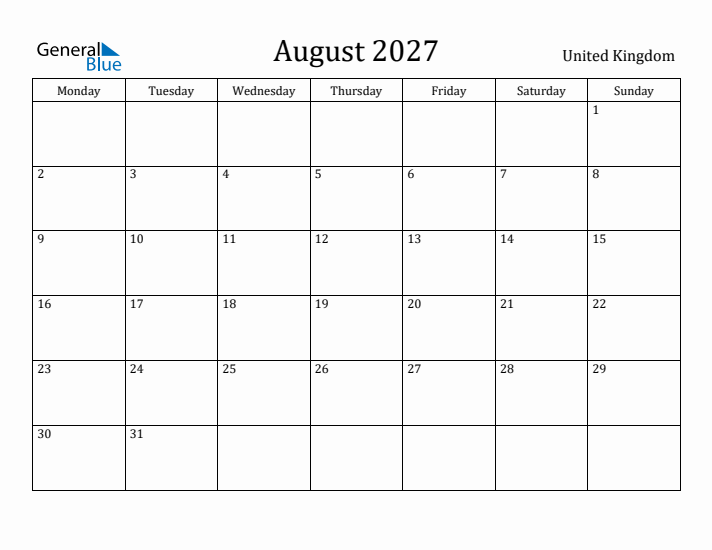 August 2027 Calendar United Kingdom