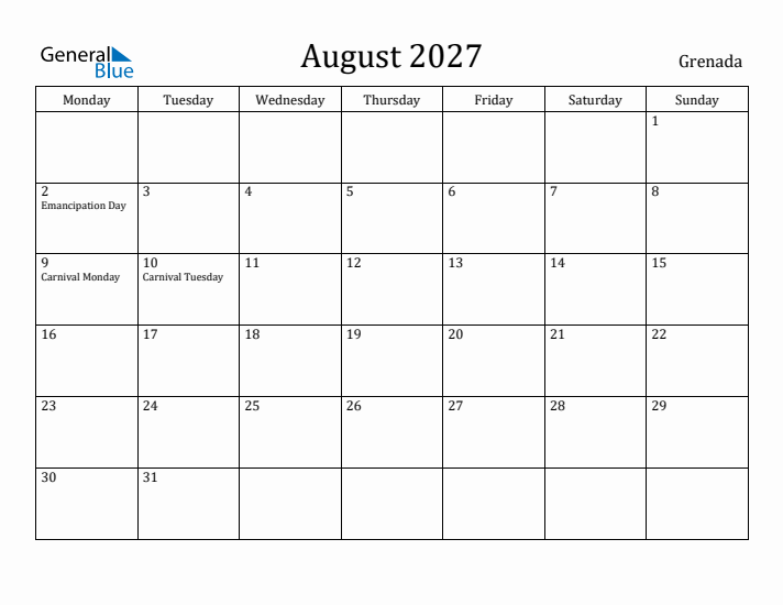 August 2027 Calendar Grenada