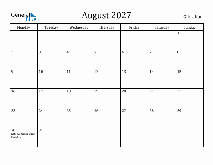 August 2027 Calendar Gibraltar