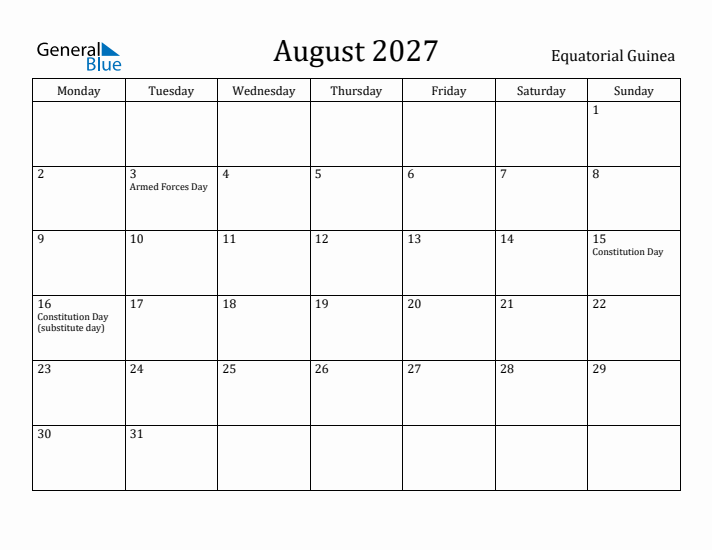August 2027 Calendar Equatorial Guinea
