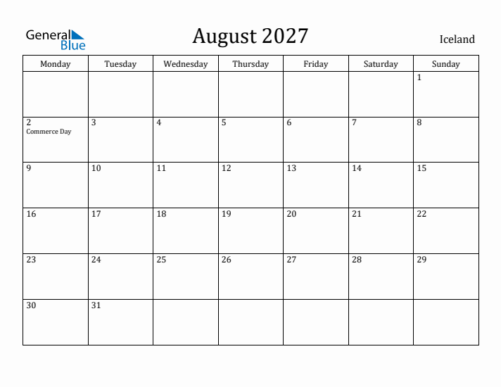 August 2027 Calendar Iceland