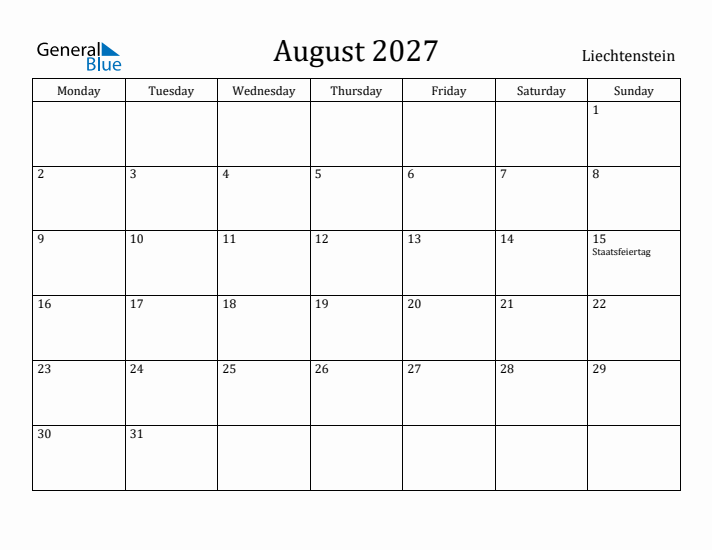 August 2027 Calendar Liechtenstein