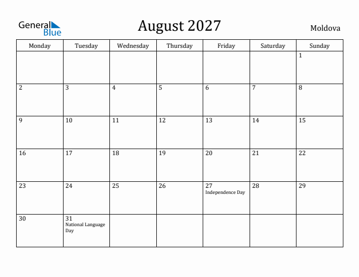 August 2027 Calendar Moldova