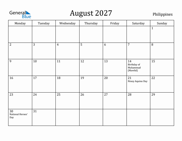 August 2027 Calendar Philippines