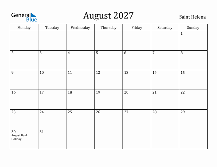 August 2027 Calendar Saint Helena