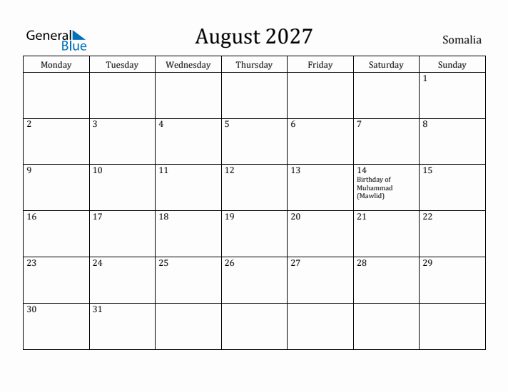 August 2027 Calendar Somalia