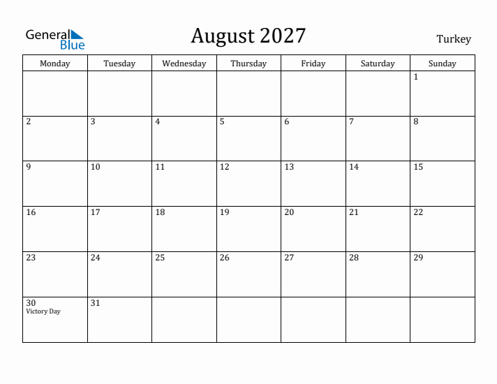 August 2027 Calendar Turkey