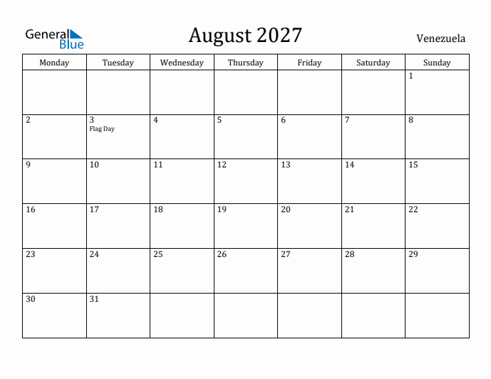 August 2027 Calendar Venezuela