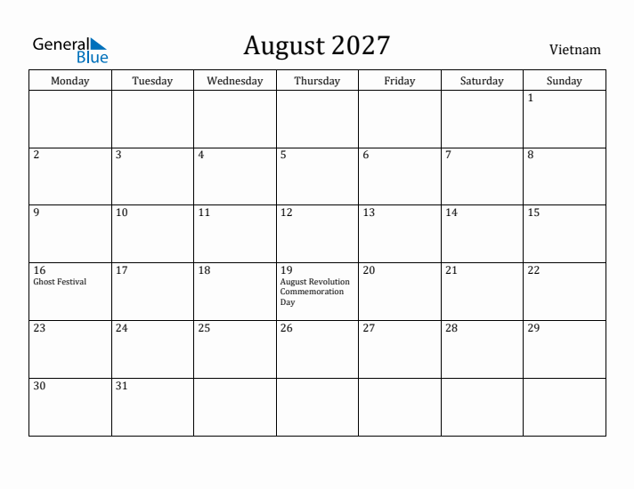 August 2027 Calendar Vietnam