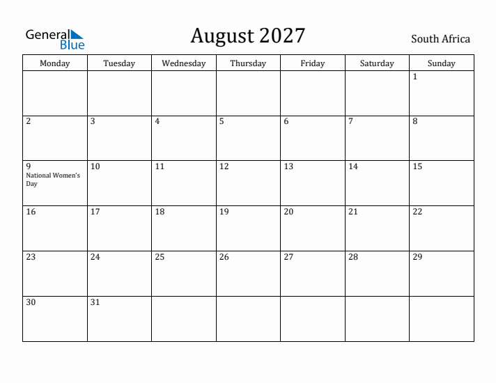 August 2027 Calendar South Africa