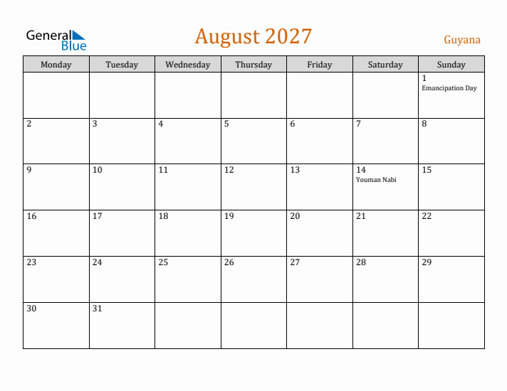 August 2027 Holiday Calendar with Monday Start