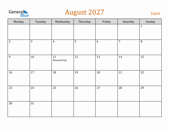 August 2027 Holiday Calendar with Monday Start