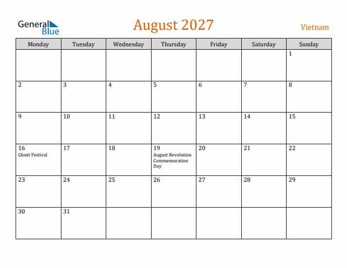 August 2027 Holiday Calendar with Monday Start