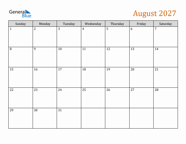 Editable August 2027 Calendar