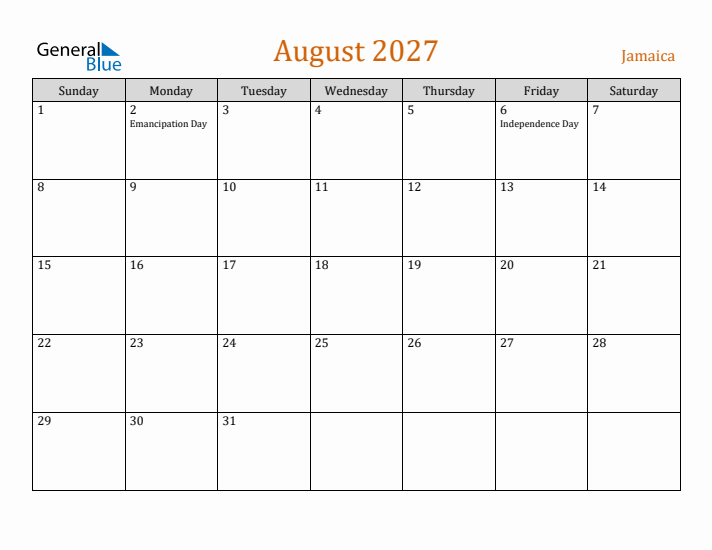 August 2027 Holiday Calendar with Sunday Start