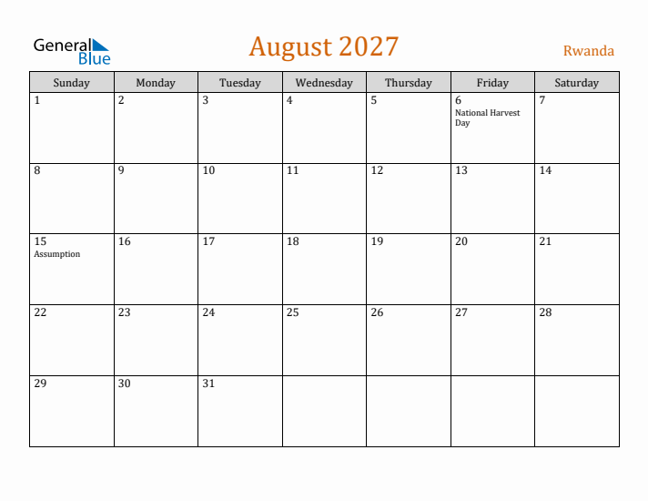 August 2027 Holiday Calendar with Sunday Start