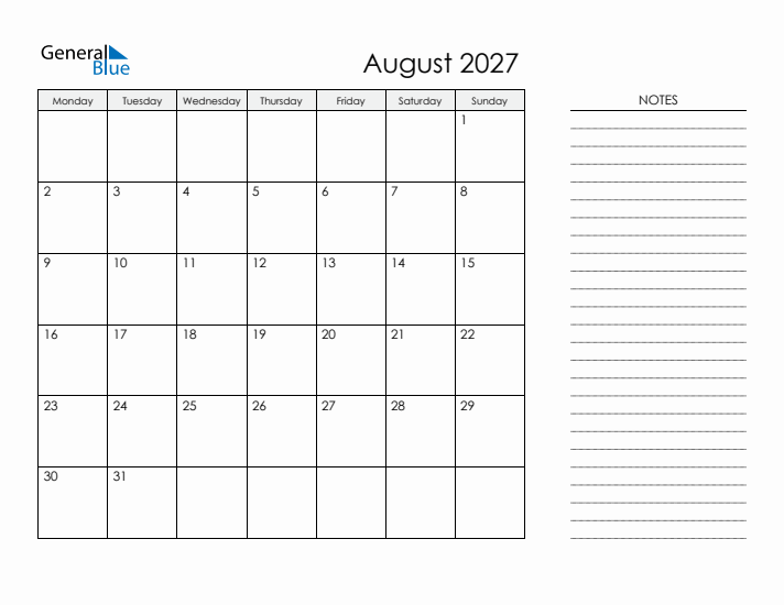 Printable Monthly Calendar with Notes - August 2027