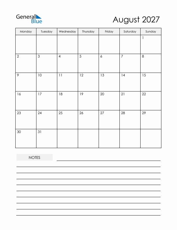 Printable Calendar with Notes - August 2027 