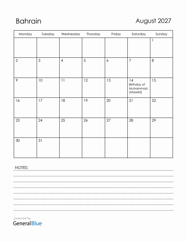 August 2027 Bahrain Calendar with Holidays (Monday Start)