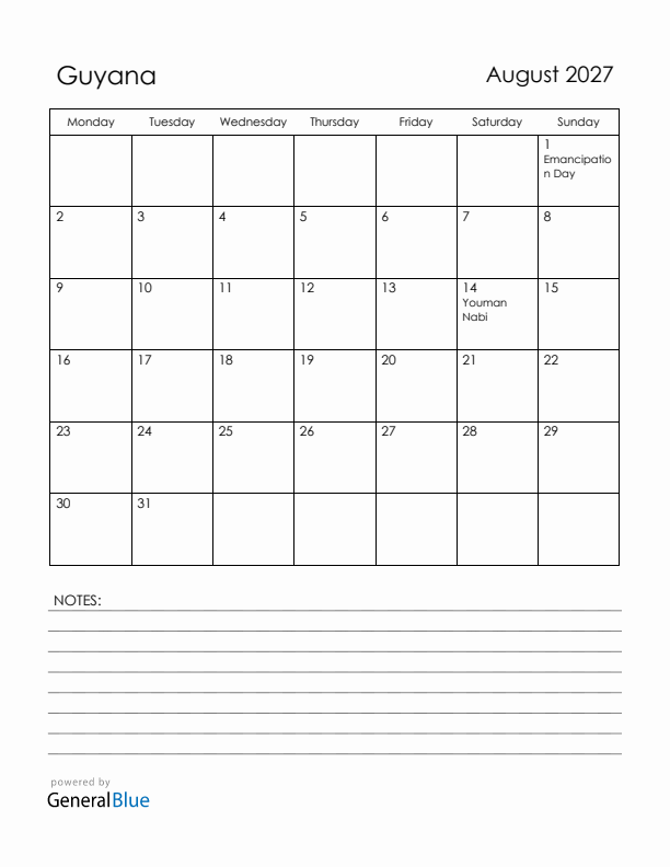 August 2027 Guyana Calendar with Holidays (Monday Start)