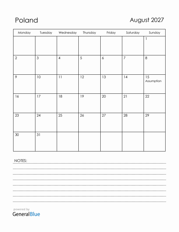 August 2027 Poland Calendar with Holidays (Monday Start)