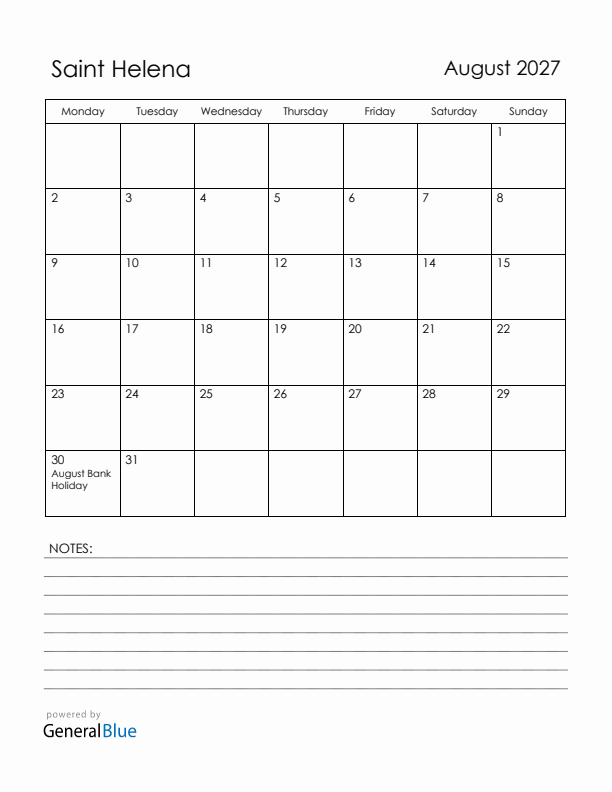 August 2027 Saint Helena Calendar with Holidays (Monday Start)