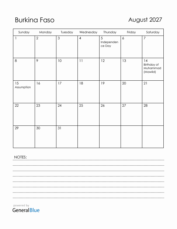 August 2027 Burkina Faso Calendar with Holidays (Sunday Start)