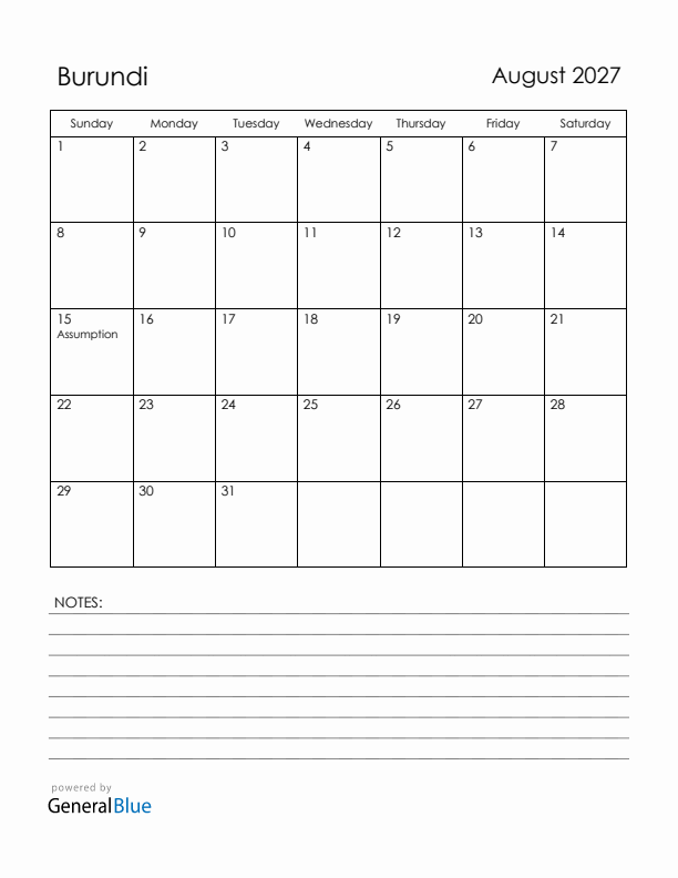 August 2027 Burundi Calendar with Holidays (Sunday Start)
