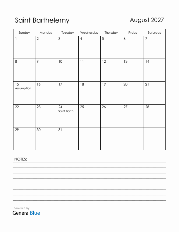 August 2027 Saint Barthelemy Calendar with Holidays (Sunday Start)