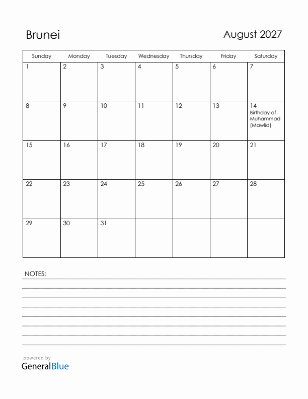 August 2027 Brunei Calendar with Holidays (Sunday Start)
