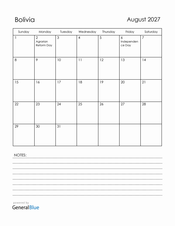 August 2027 Bolivia Calendar with Holidays (Sunday Start)
