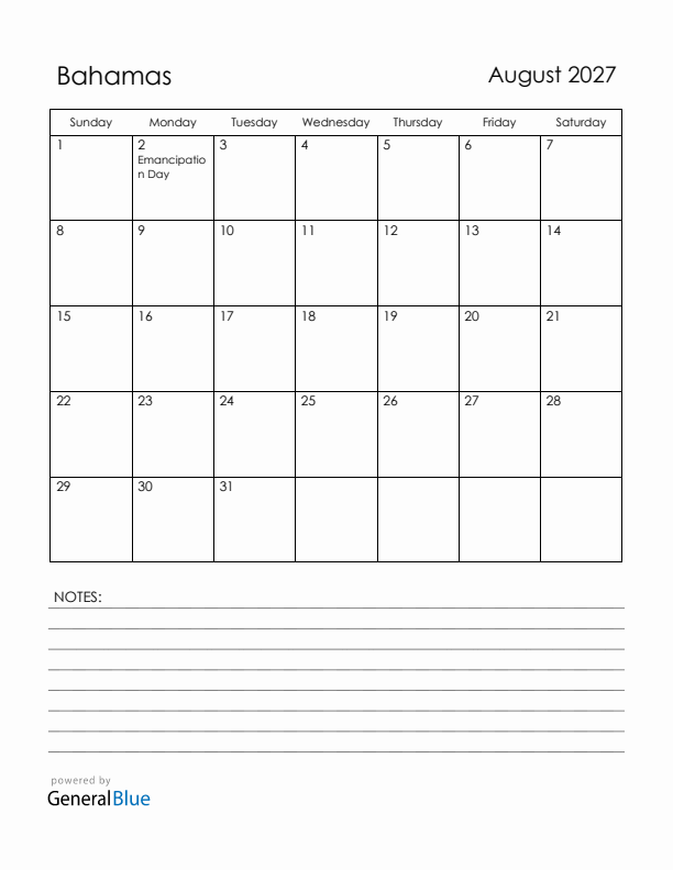 August 2027 Bahamas Calendar with Holidays (Sunday Start)