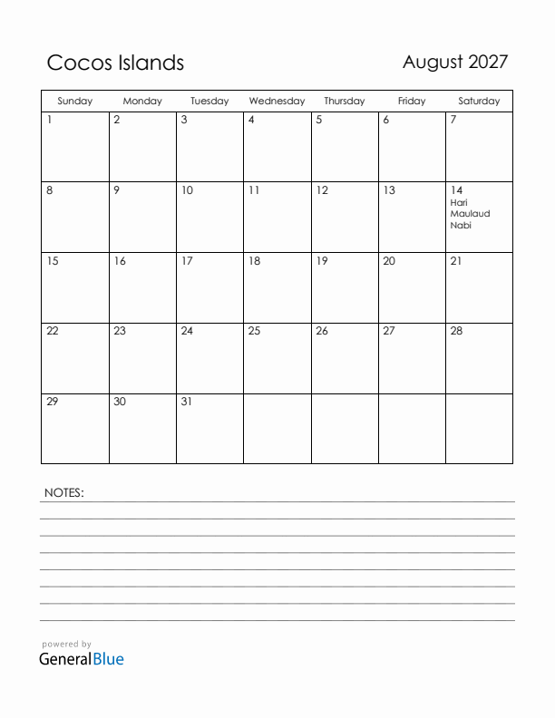 August 2027 Cocos Islands Calendar with Holidays (Sunday Start)